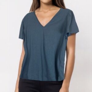NEW! LOFT Linen Blend V Necky Short Sleeve Popover Blouse Tshirt Blue Medium